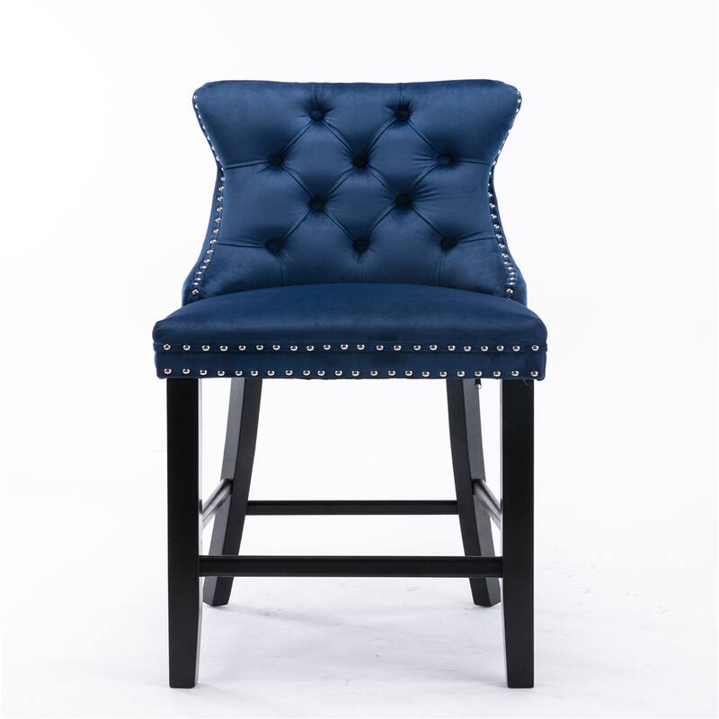 Velvet Upholstered Wooden Legs Barstools with Button Tufted, Chrome Nailhead Trim and Footrest, Set of 2
