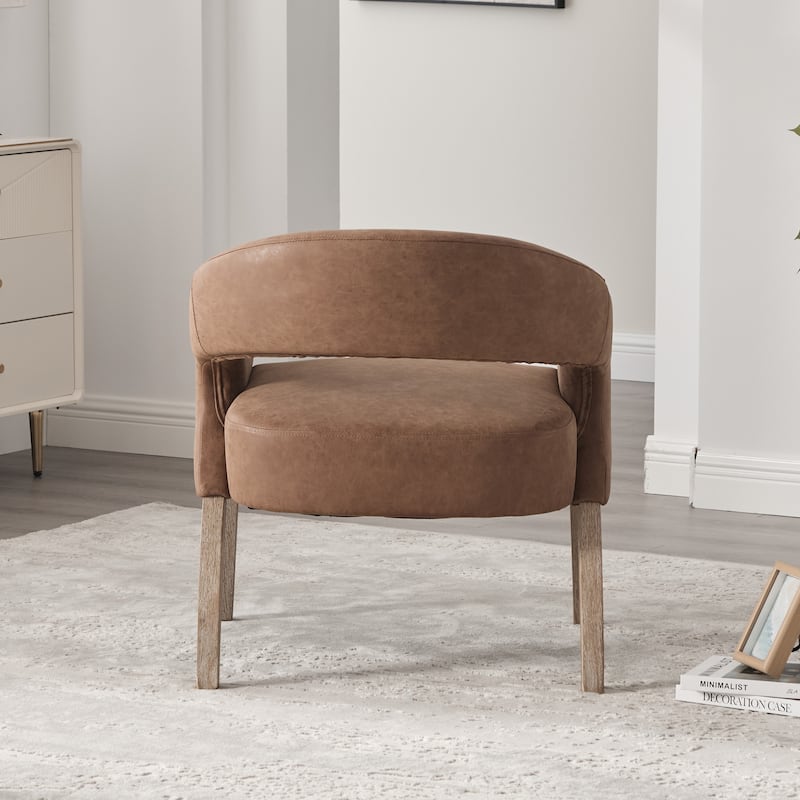 Modern Upholstered PU Open Back Accent Armchair Barrel Dining Chair with Weathered Rubberwood Legs, Hollow-Out Side Club Chair