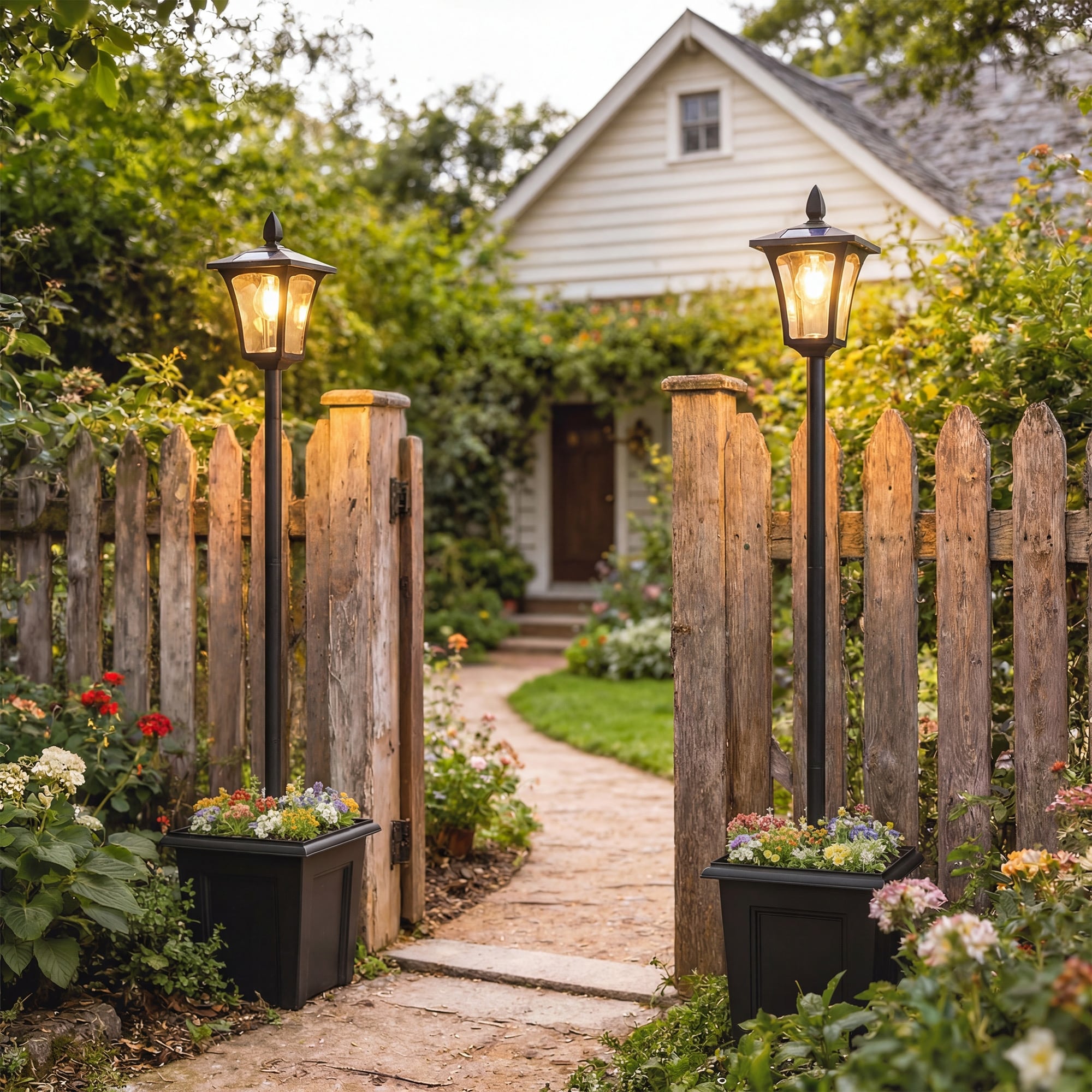 Outsunny 63" Solar Lamp Post Lights 2 Pack, Waterproof LED Solar Light Posts with Planter, Outdoor Lamps for Patio - Black