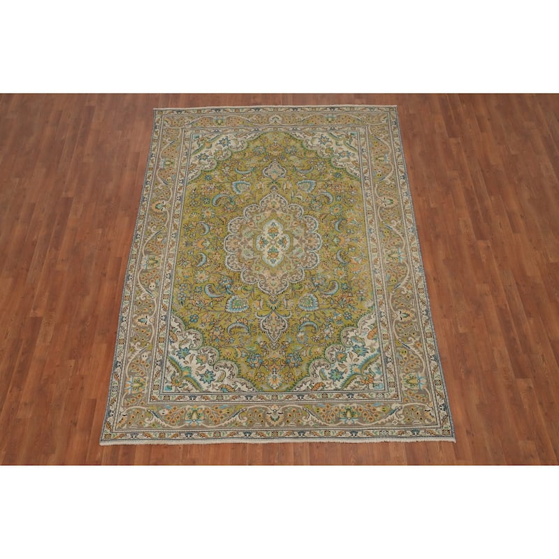 Hand Knotted Oriental 100% Wool Carpet Traditional Floral Green Tabriz Area Rug - 9' 0'' X 6' 3''