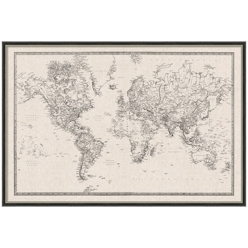 Kate and Laurel Framed Fabric Pinboard Vintage Black and White Linen World Map Wall Organization - 37 x 25 - Silver