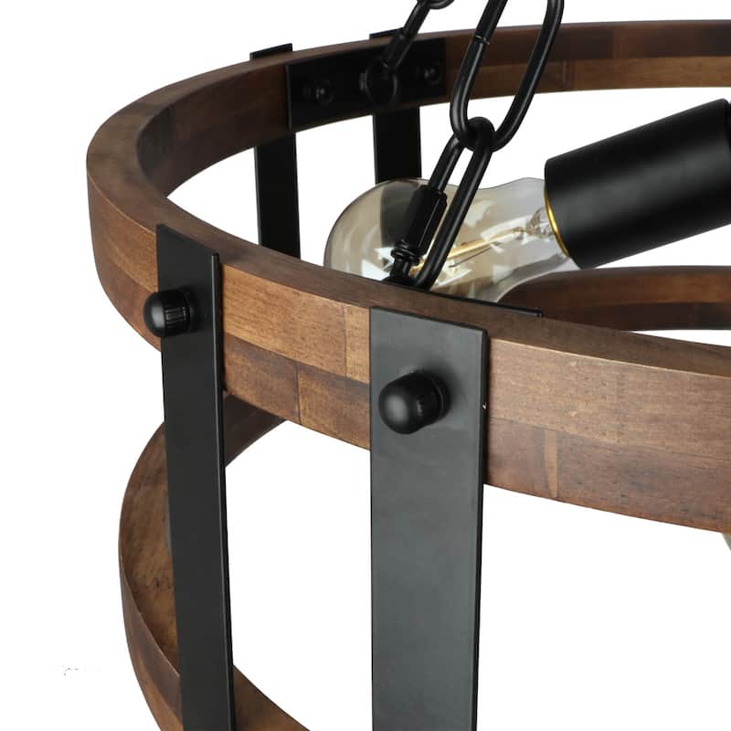 Farmhouse 4-Light Wood Drum Chandeliers Rustic Cage Pendant Light for Kitchen Island - 19" D x 18" H