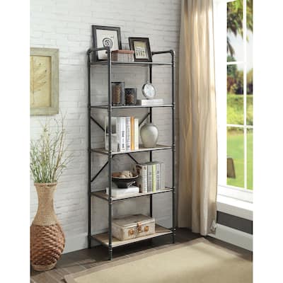 Five-Tier Metal Bookshelf With Wooden Shelves, Oak Brown & Gray