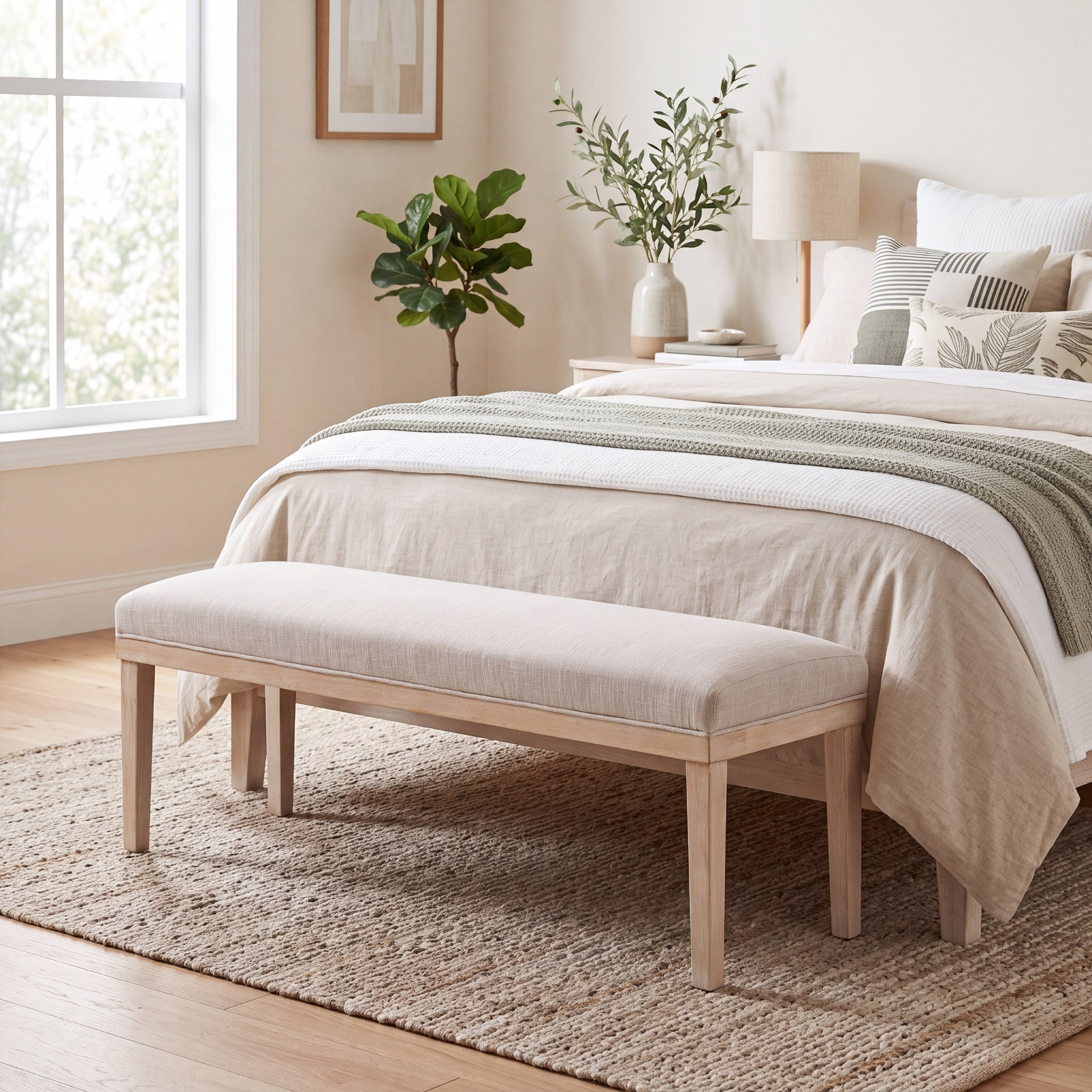 52.8" Upholstered Bed Bench for Foot of Bed, Non-Storage Dining Chair Entryway Chair with Solid Rubberwood Legs