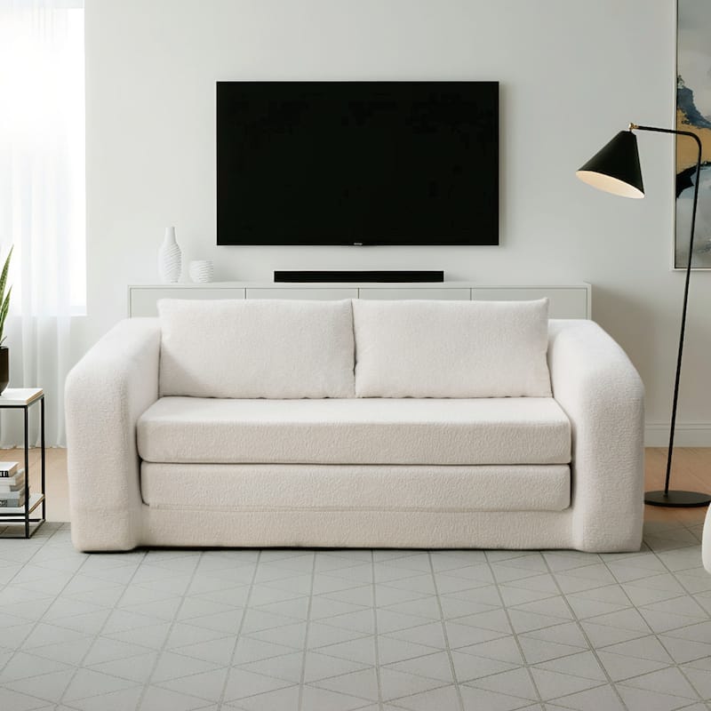 71.2"W 2-in-1 Foldable Pull Out Loveseat Sofa Bed Equipped with Armrest & Backrest Pillows - IVORY