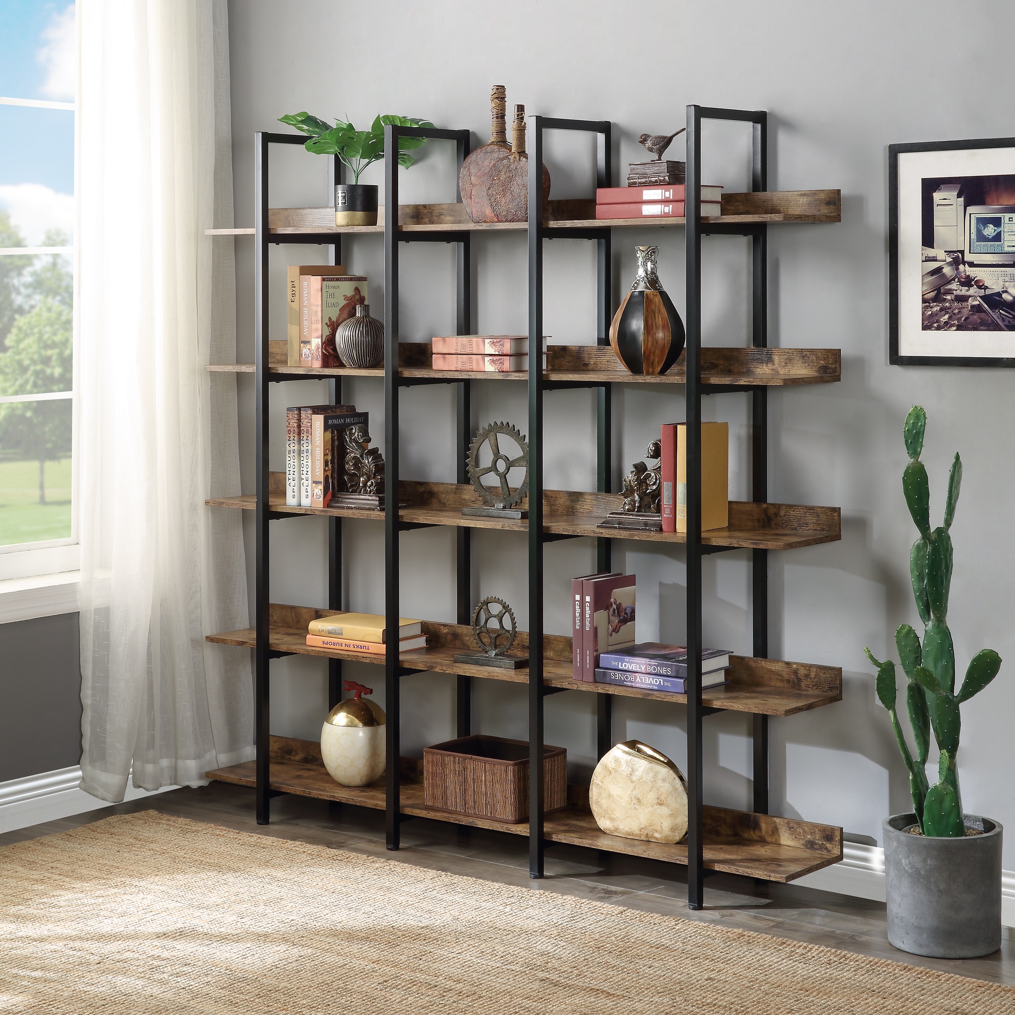 Roomfitters 70" Wide 5-Tier Bookcase - Industrial Triple Wide Bookshelf, Open Shelving Metal Frame