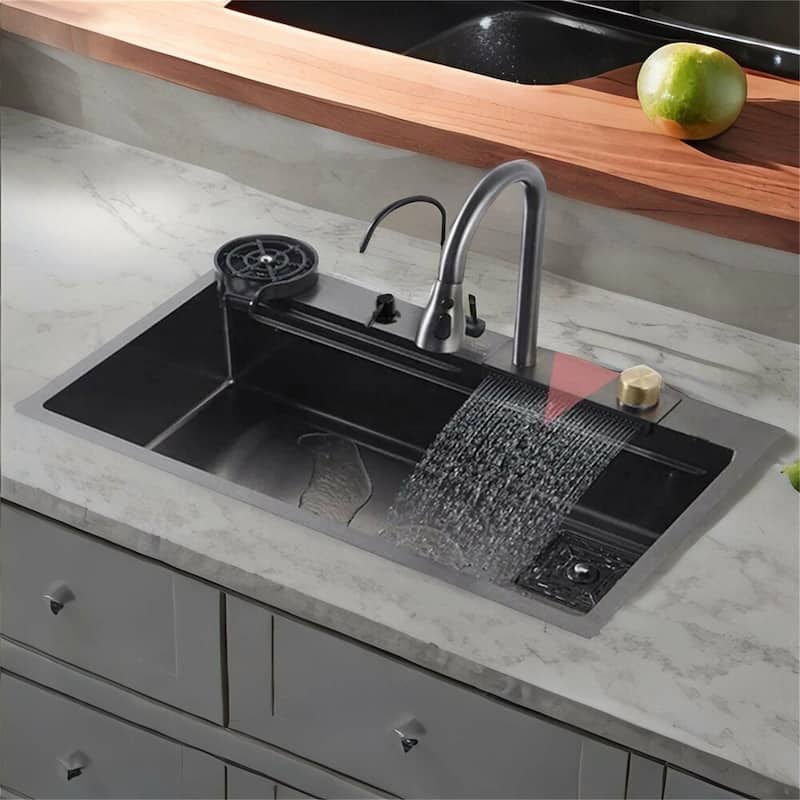 Single Bowl Stainless Steel Kitchen Sink with Waterfall Faucet - Black