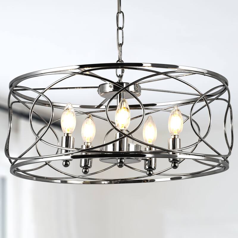 CurveCurio 20" Matte Black Industrial Caged Lights w 5 Lights, Adjustable Hanging Chain up to 70 inch for Dinging Area and Foyer - Chrome