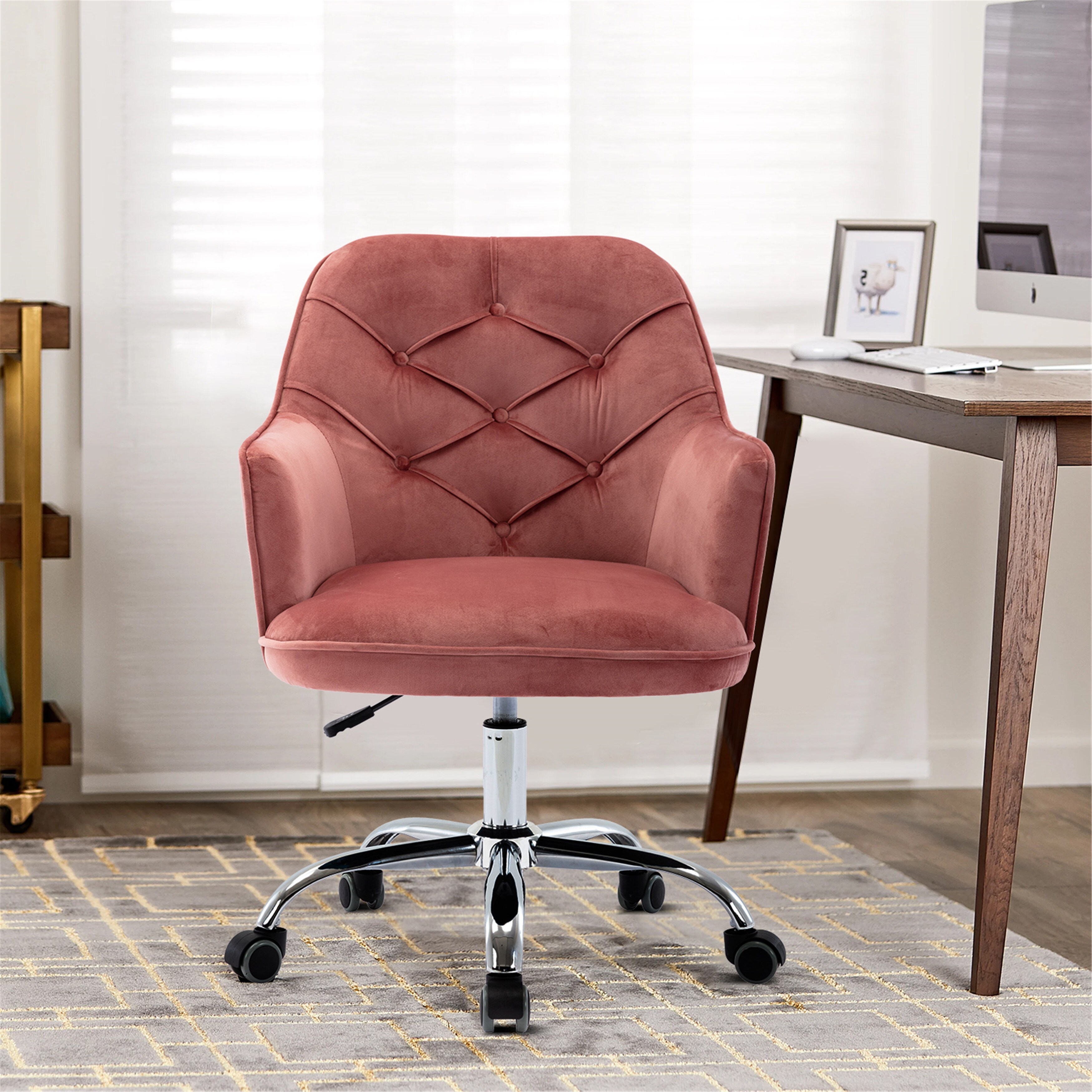 Pink Velvet Shell Chair Swivel Lift Chairs Button Tufted Accent
