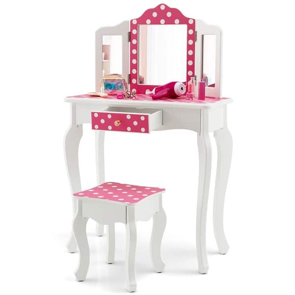 Kid Vanity Set Wooden Makeup Table Stool TriFolding Mirror Pink Bed