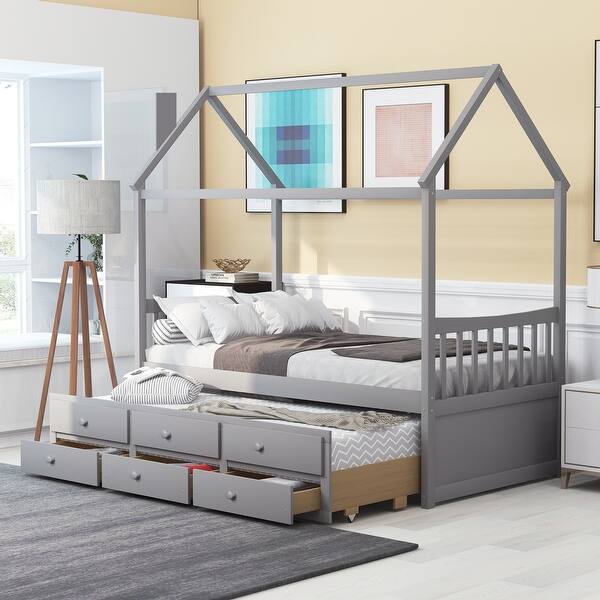 slide 2 of 9, Gray Twin House Bed with Trundle and Drawers