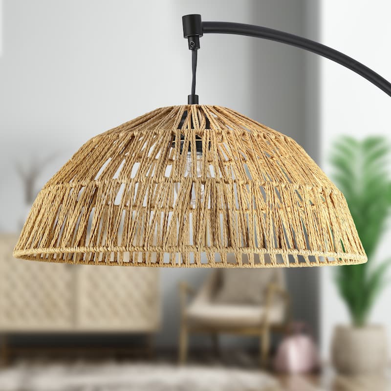 Raina River of Goods Black Metal and Natural Rattan Boho 77-Inch Floor Lamp - 40" x 17" x 77"