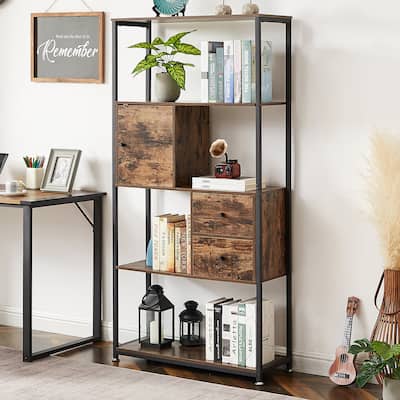 VECELO Bookshelf,4-Tier Book Shelf with 2 Storage Drawers and 1 Cabinet, Set of 1/ Set of 2 Bookcase