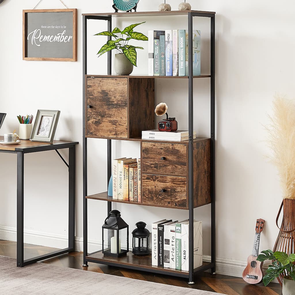 VECELO Bookshelf,4-Tier Book Shelf with 2 Storage Drawers and 1 Cabinet, Set of 1/ Set of 2 Bookcase