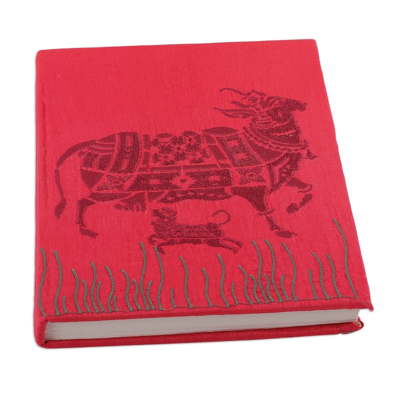 Novica Handmade Kamadhenu In Pink Rayon Embroidered Journal