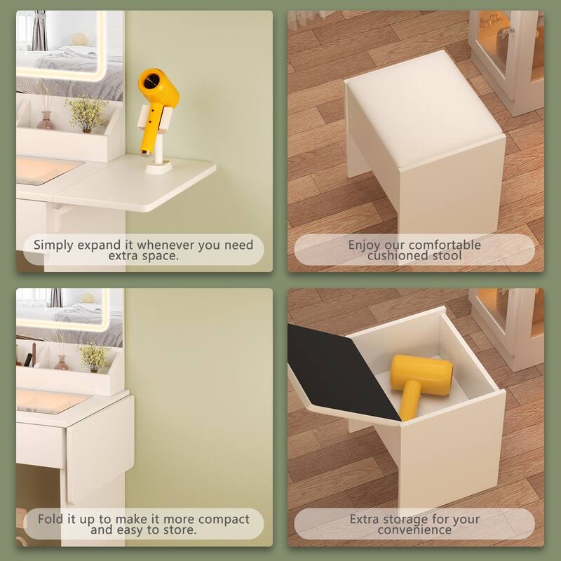 Vanity Desk with Glass Top, 3 Colors LED Lights & Mirror, Small Dressing Table with Power Outlet, 2 Drawers & Cabinet