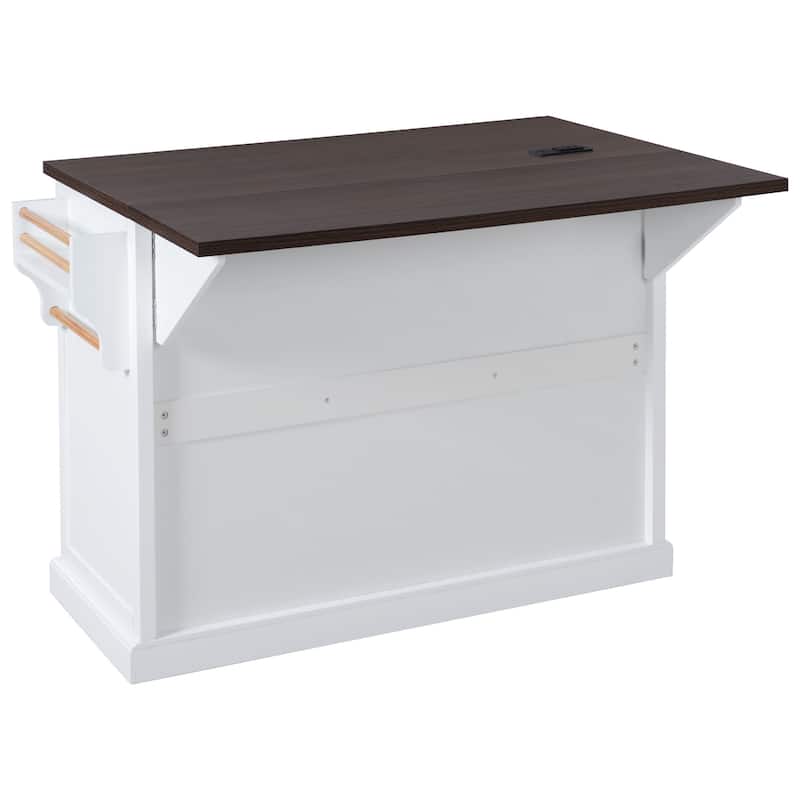 54.9" Kitchen Island with Drop Leaf, Power Outlet, Kitchen Storage Cart with 4 Door Shelves,Cross Barn Doors & Visual Glass Door