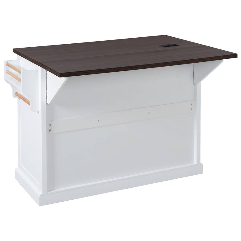 54.9" Kitchen Island with Drop Leaf, Power Outlet, with 4 Door Shelves, Cross Barn Doors & Visual Glass Door on 4 Wheels