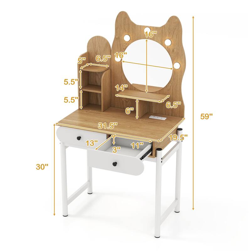 Lighted Vanity Desk with Mirror and Built in Charging Station Makeup Table with Storage Natural White - 31.5" x 19.5" x 59"