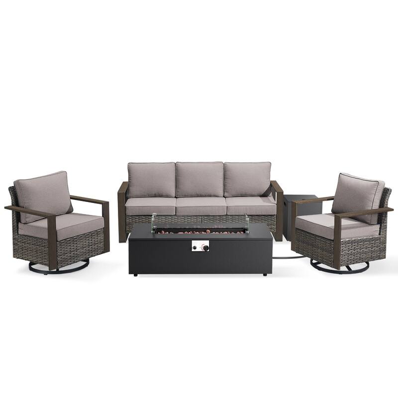 Pocassy 43 In Fire Pit w/ Outdoor Sofa Swivel Chair Ottoman Set