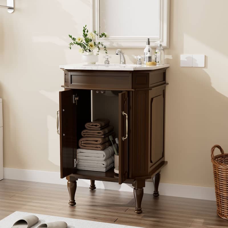 Elegant 24-Inch European Bathroom Vanity with Gold Accents and Marble-Style Sink