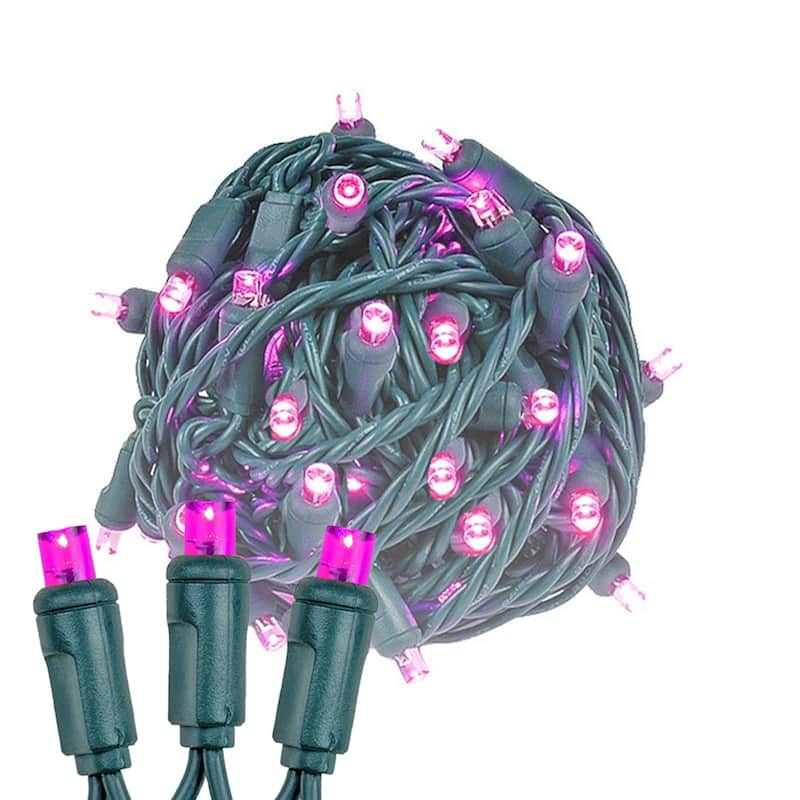 50 Light LED Christmas Mini Light Set, Patio Lights, Warm White, Green Wire, 11’ - Pink