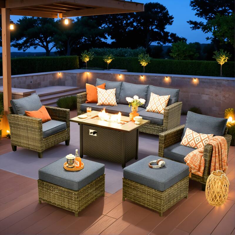 OVIOS 6-piece Patio Wicker Conversation Furniture Set With Fire Pit - Denim Blue
