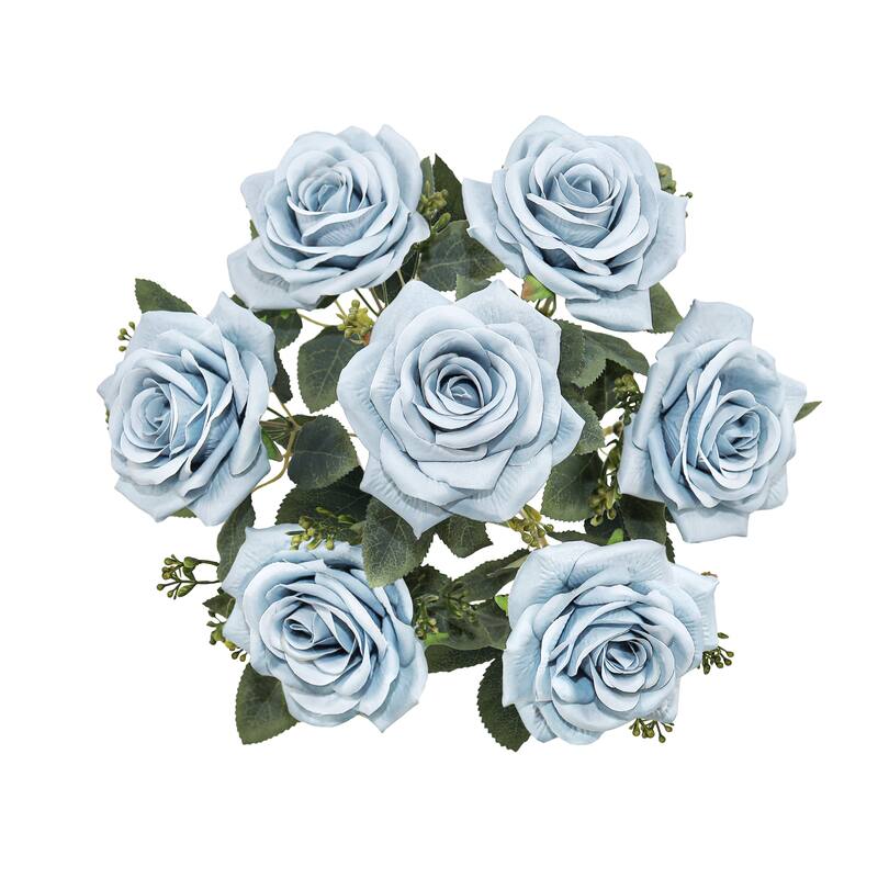 Set of 2 Dusty Blue Artificial Queen Tea Rose Flower Stem Bush Bouquet 17in - 17" L x 9" W x 9" DP