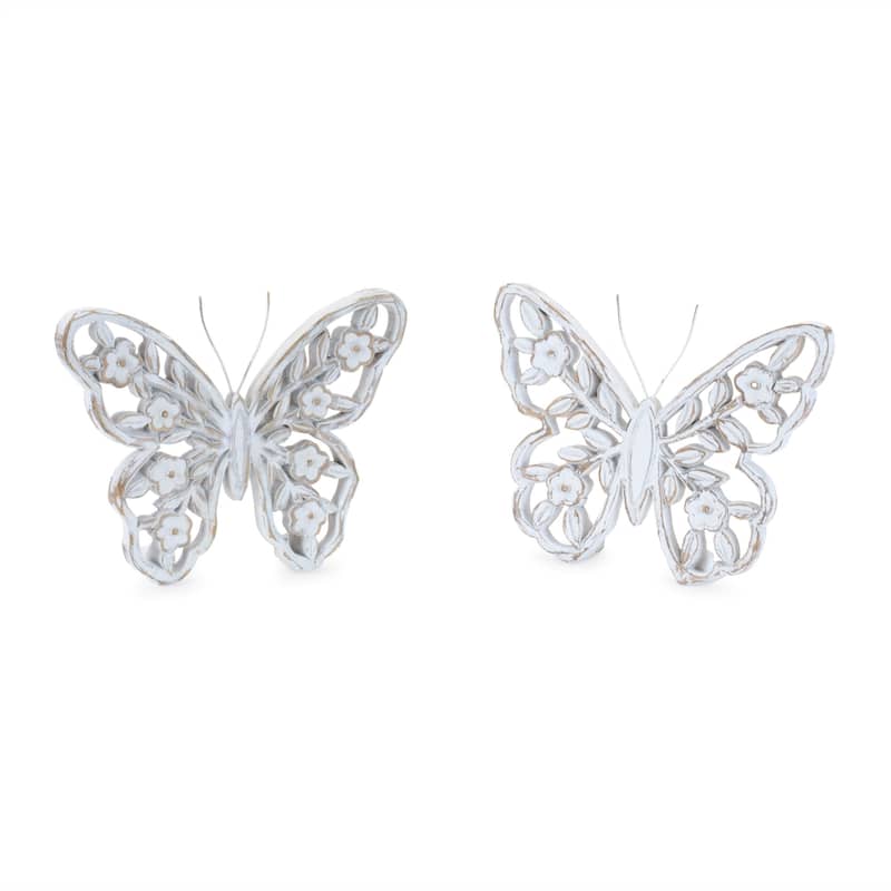 Floral and Leaf Cut-Out Butterfly Decorations - 5.5" - White - Set of 2