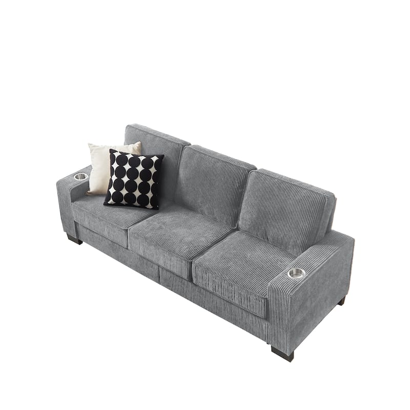 84.25" Corduroy 3-Seater Sofa with Cup Holder Armrests - High-Density Sponge and Spring Cushions