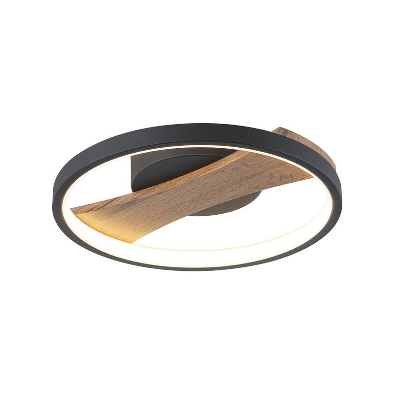 11.8 in. Modern Black Circle Round Wood Integrated LED Semi-Flush Mount Light - 11.8 in. W x 2.5 in. H