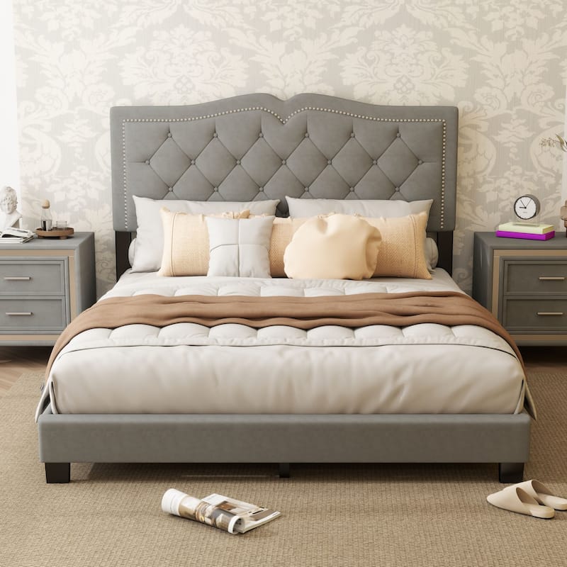 Upholstered bed frame with rivet design - Grey - Queen