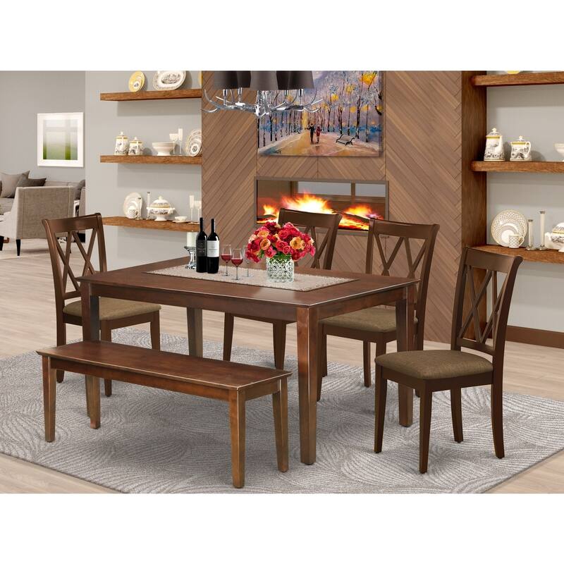 Luxury 6-Piece Dining Set - Rectangle Table, 4 Chairs, Bench - Mahogany Finish - 60