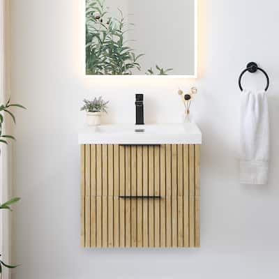 Livia Wall-mounted Bathroom Vanity in Nature Brown with White Artificial Drop-in Sink without Mirror