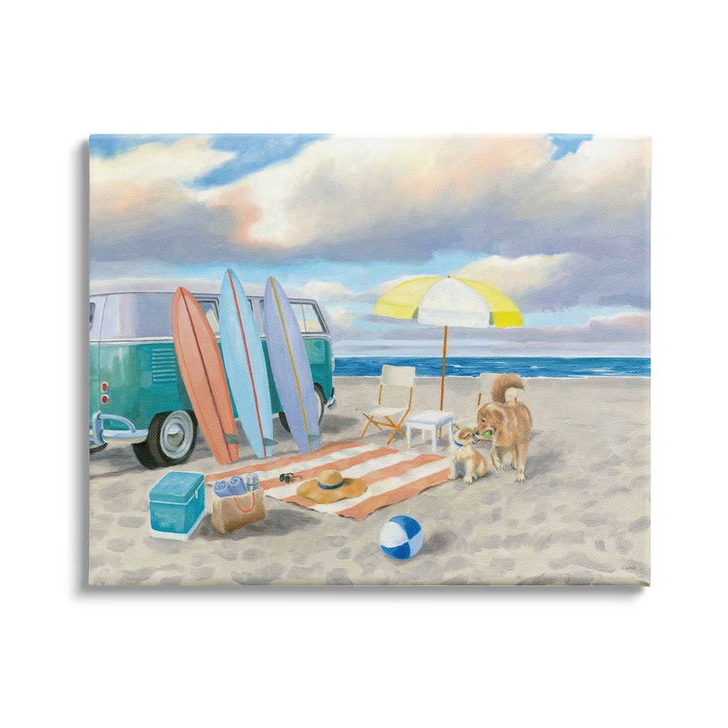 Stupell Summer Beach Scene Retro Van Surfboards Dogs Playing Canvas Wall Art - Blue