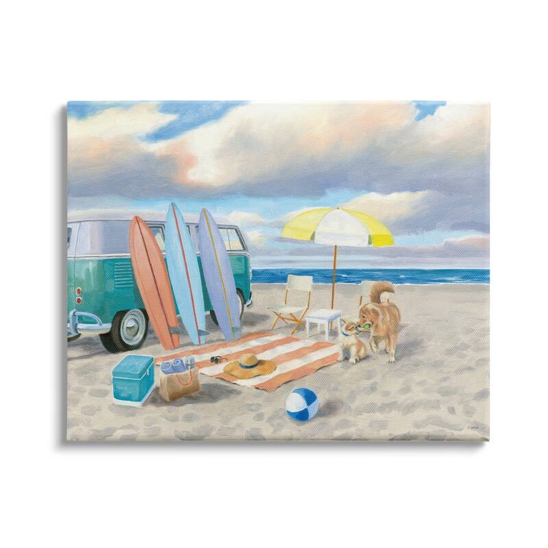 Stupell Summer Beach Scene Retro Van Surfboards Dogs Playing Canvas Wall Art - Blue - 40 x 30