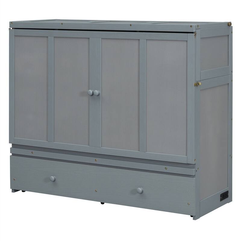 Full/Queen Size Murphy Bed Wall Bed with a Large Storage Drawer and USB Port, Solid Wood Murphy Cabinet Bed, Space Saving Design