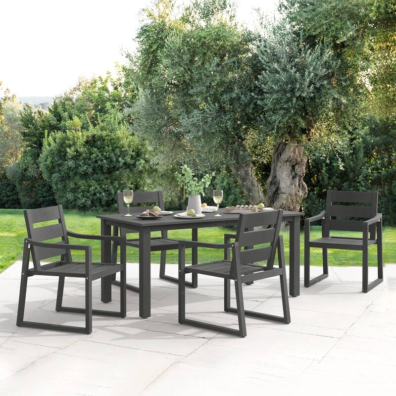 5-Piece HDPS Rectangular Patio Dining Set with Slatted Table Top and outdoor Armchairs - 23.6"D x 24.6"W x 34.6"H - Dark Grey