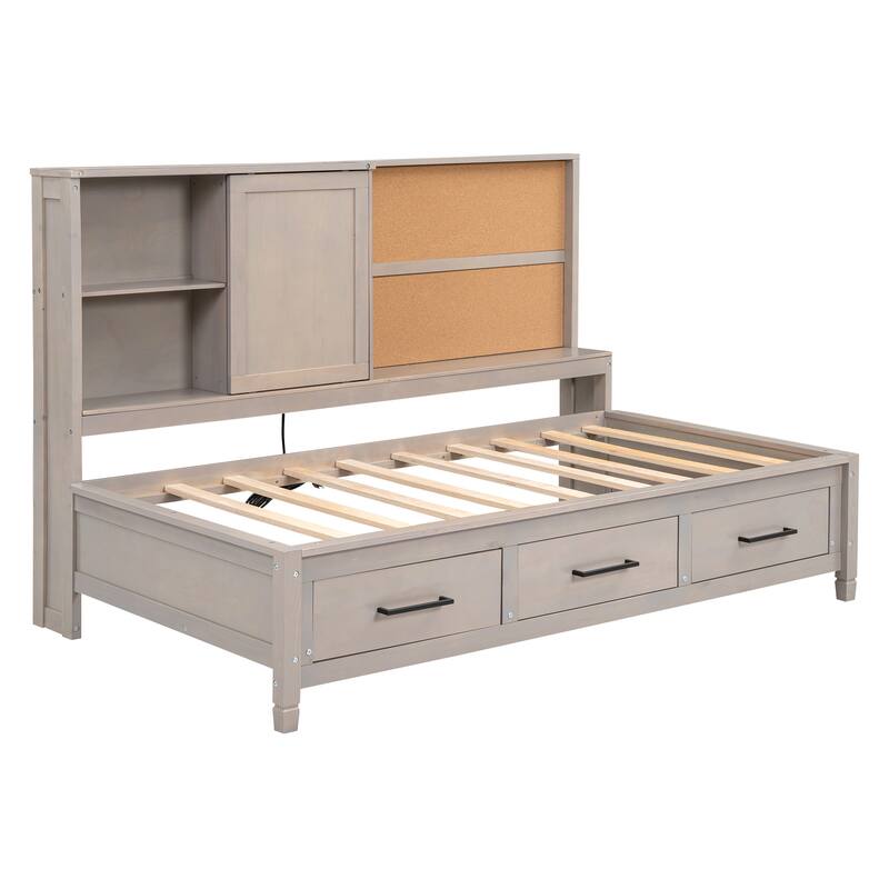 Twin Size Lounge Platform Daybed Frame with Storage Shelves, USB Ports and 3 Drawers, Practical and Stylish Bedroom Furniture