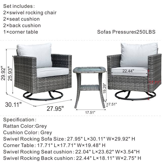 Ovios 3-piece Rattan Wicker Rocking Swivel Chair Set