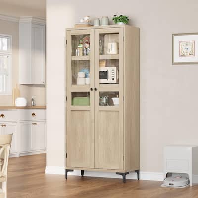 Tall Storage Cabinet,2 Glass Doors, Kitchen Pantry 5 Tier Bathroom Cabinet