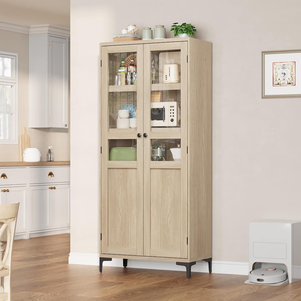 Tall Storage Cabinet,2 Glass Doors, Kitchen Pantry 5 Tier Bathroom Cabinet