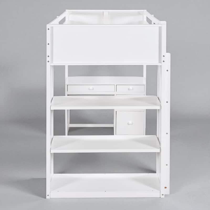 Full/Twin Size Loft Bed with Ladder, Desk, Shelves, and Drawers, Solid Wood Frame for Kids or Teens