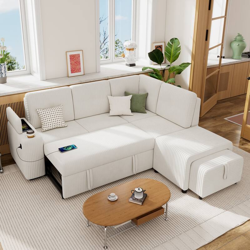 94" Creamy White Corduroy Sectional Pull-out Sofa Bed with Ottoman, Stool, Storage, Cup Holder & USB Ports