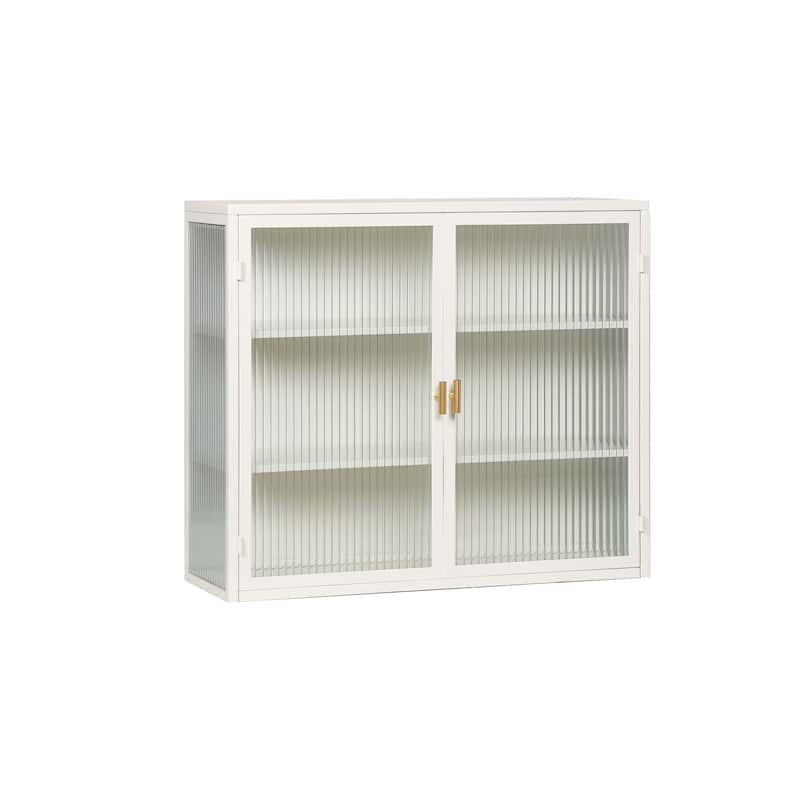 Modern White Sideboard with Fluted Tempered Glass Doors, 3-Tier Storage Cabinet for Living Room or Bedroom