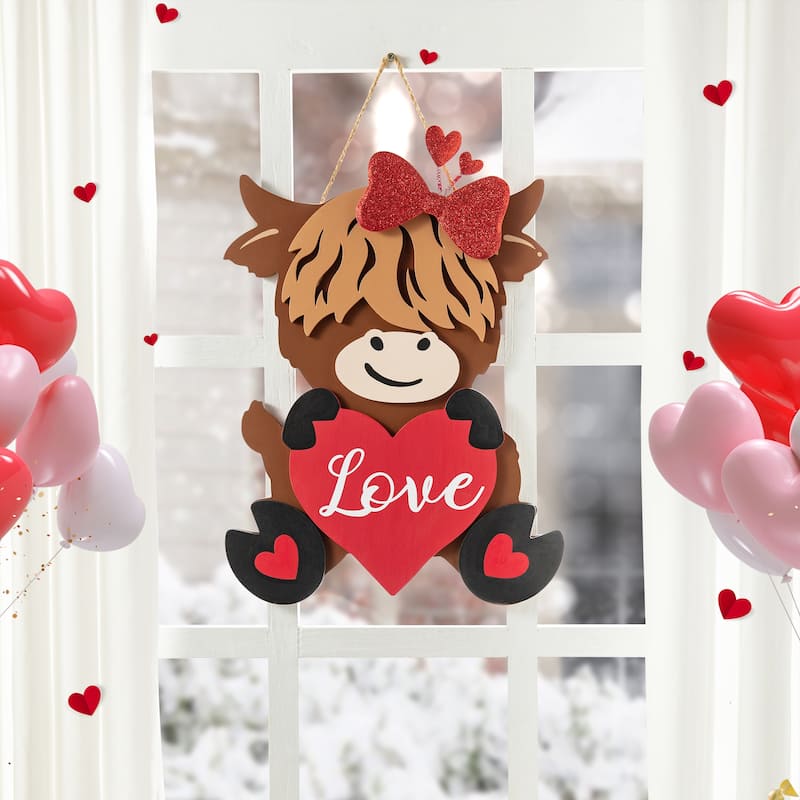 Glitzhome 18"H Valentine's Wooden Cow with Heart Door Hanger