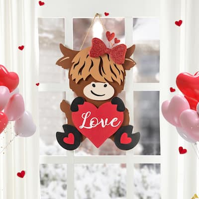 Glitzhome 18"H Valentine's Wooden Cow with Heart Door Hanger