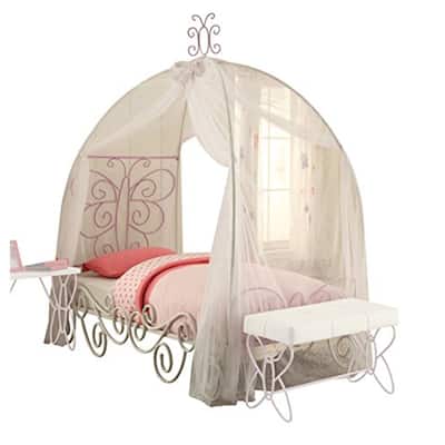 Full Canopy Bed with Butterfly Design - Princess Bed Frame, 85"L x 56"W x 88"H
