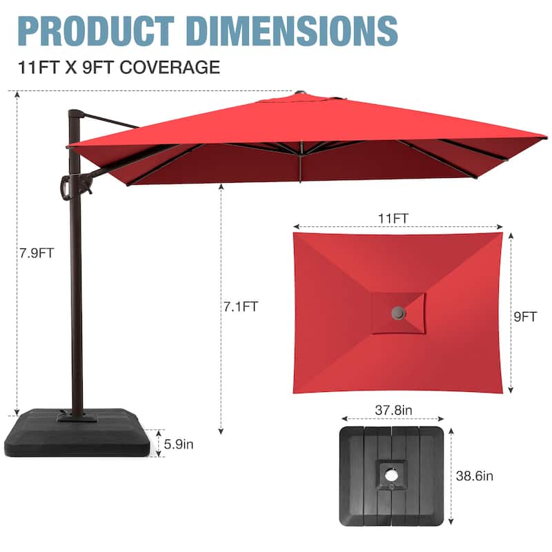 Outdoor 9 x 11 Ft Cantilever Patio Umbrella 360 Degree Rotation with Weight Base