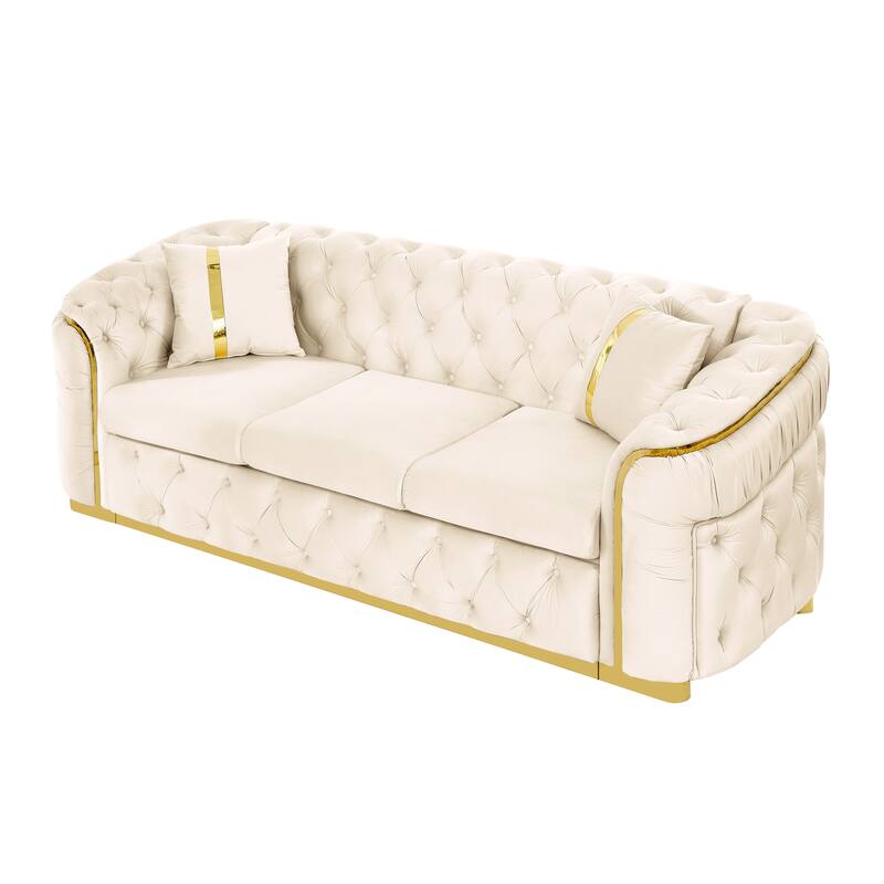 90.6″ Velvet 3-Seater Sofa with 2 Pillows, High-Density Foam & Gold Accents